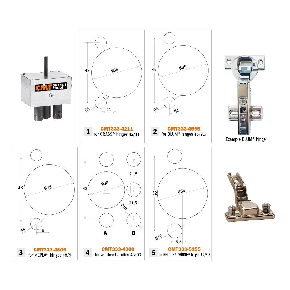 Universal hinges boring system