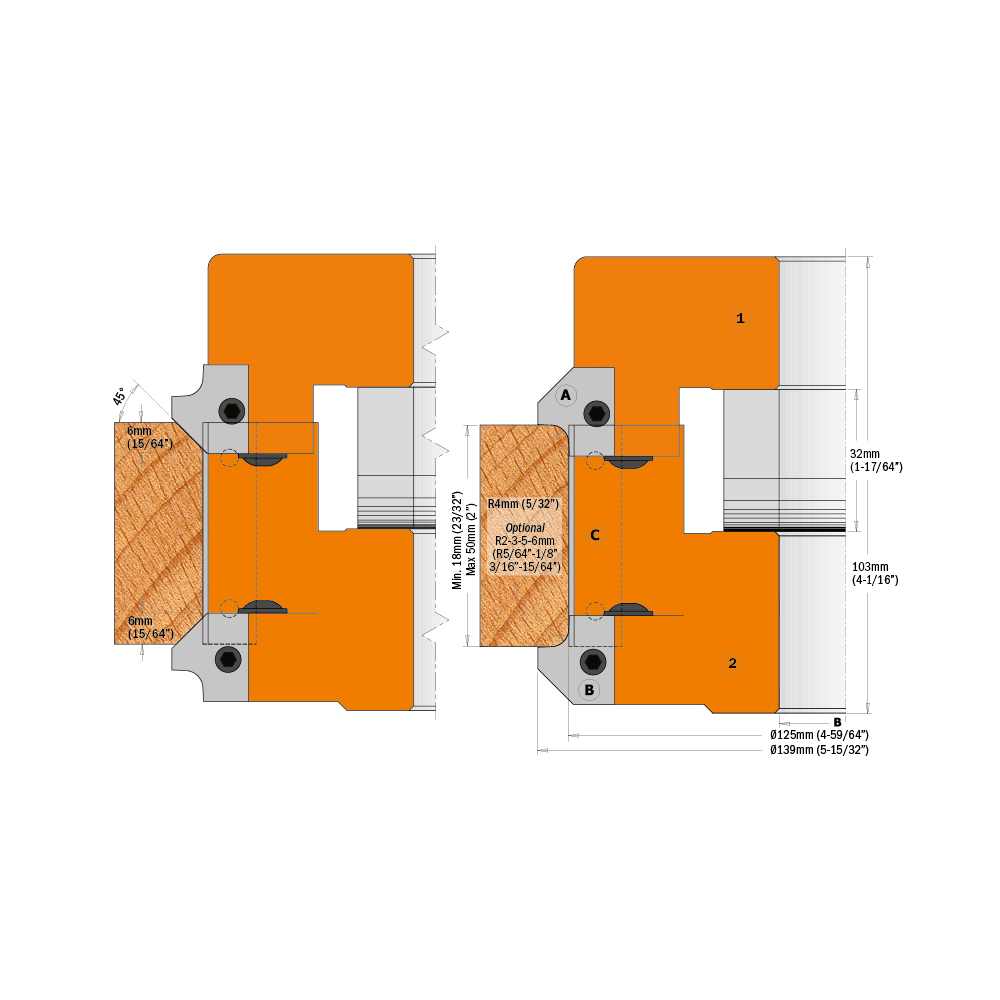 Adjustable Rounding &amp; Chamfering  Cutter Head Set (2 pcs.)